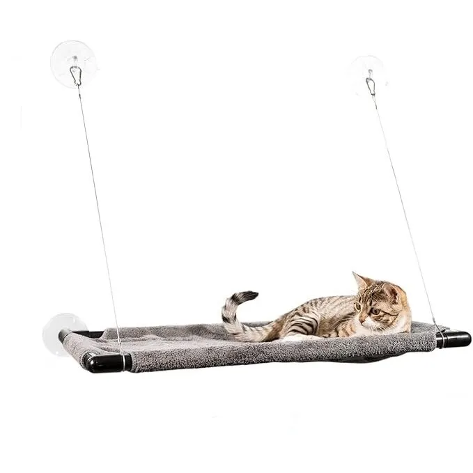 Pat suspendat pentru pisici, Amazy, cu prindere pe geam, tip hamac, Amazy, montaj cu ventuze, 60x35 cm