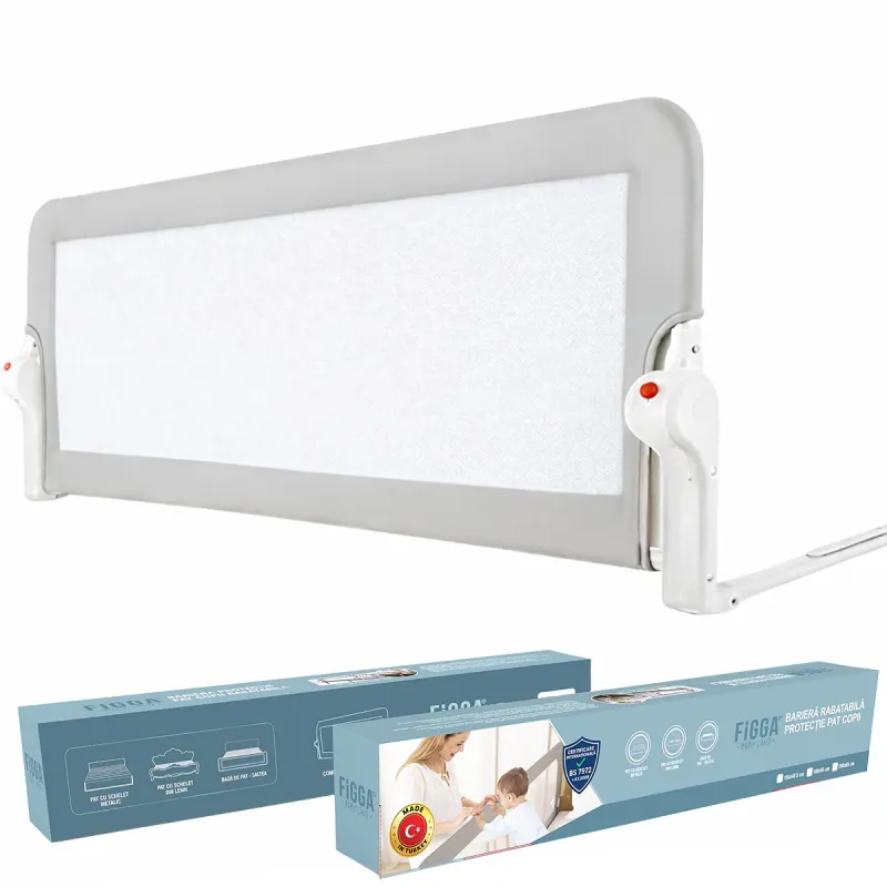 Protectie pat copii FiGGA®, 200 x 65 cm, bariera laterala margine pat, rabatabila, Gri