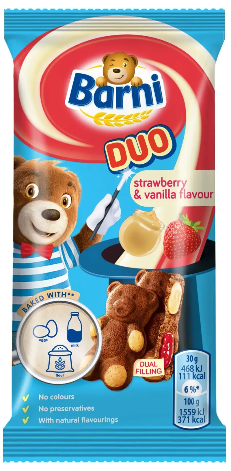 Prajitura cu umplutura cu crema cu aroma de capsuni si vanilie Barni Duo, 30 g