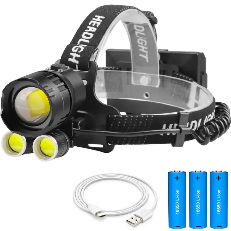 Lanterna puternica de cap FiGGA® LED XHP-160, 48000 lumeni, 1600 metri distanta, 5000K, 3 baterii reincarcabile de 18650 Li/3500 mAh, Profesionala, Frontala, Cablu de incarcare