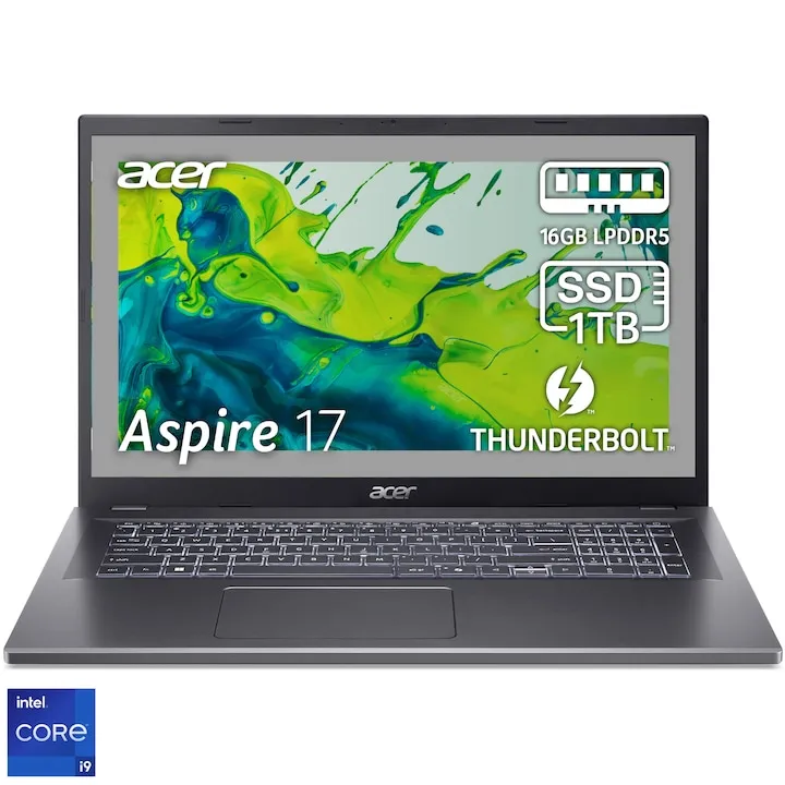 Acer Aspire 17 cu procesor Intel® Core™ i9-13900H pana la 5.4 GHz, 17.3", FHD IPS, 16GB LPDDR5, 1TB SSD, Intel® Iris® Xe Graphics, No OS, Steel Gray