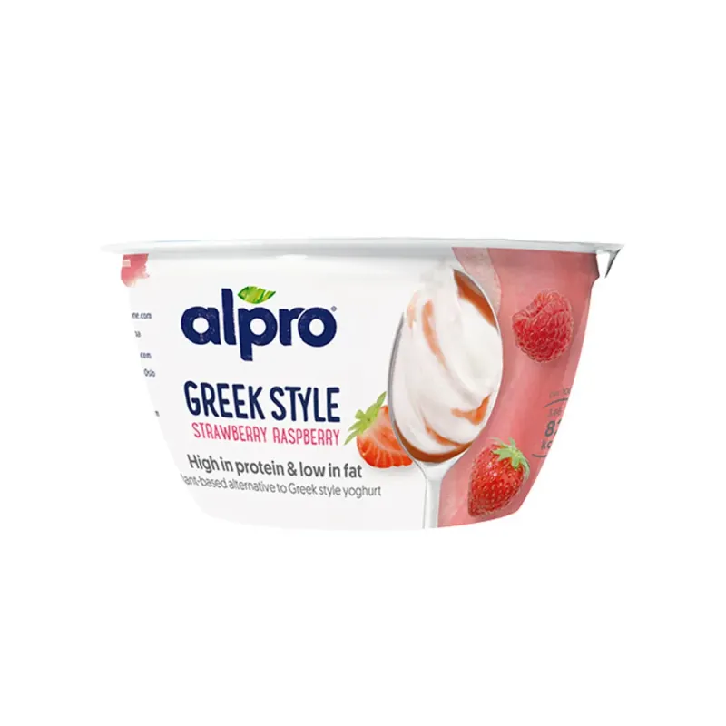 Iaurt grecesc fermentat Alpro cu soia-zmeura si capsuni, 150 g