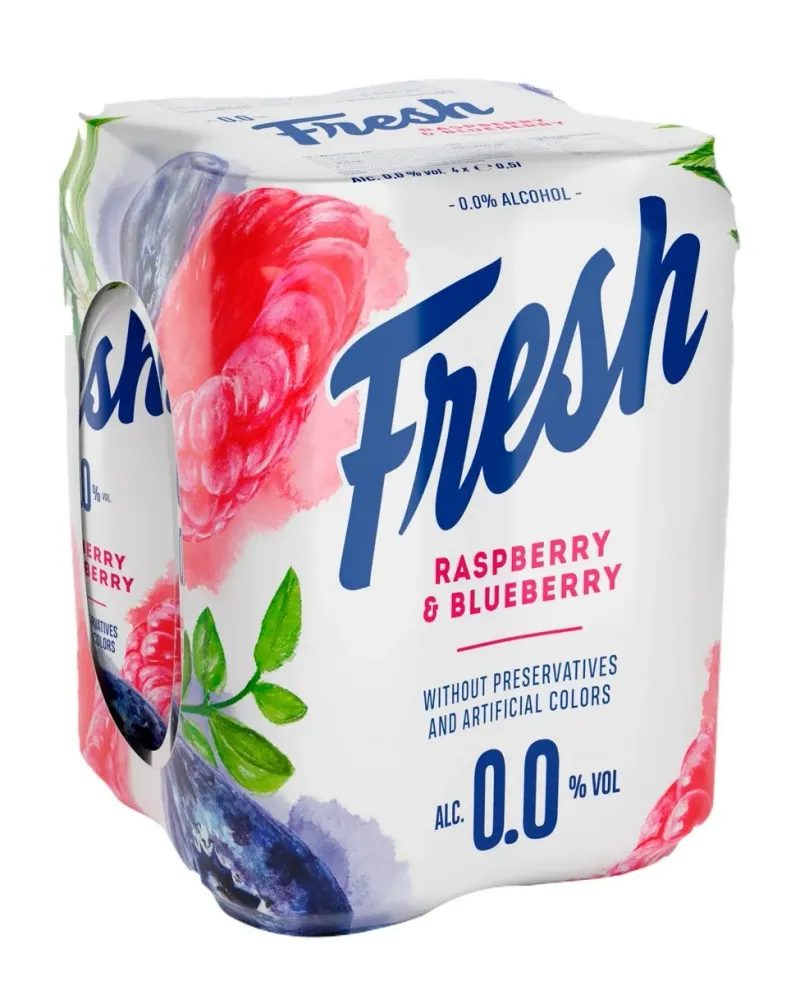 Bere blonda fara alcool Fresh cu zmeura si afine, doza, 4 x 0.5 l