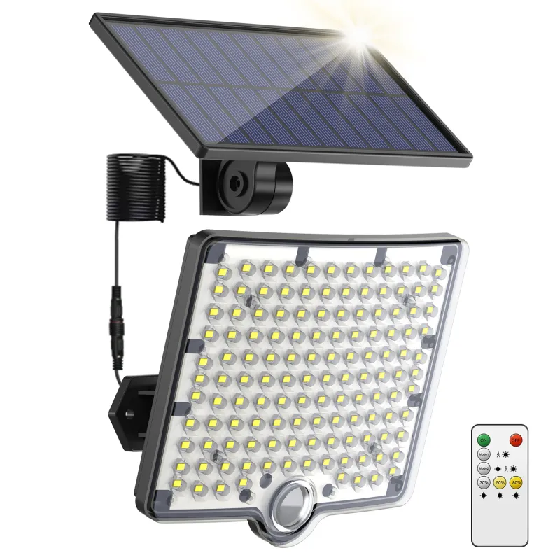 Lumini solare in aer liber,, 1 pachet 128 LED-uri 3000LM cu senzor de miscare solar cu lumini de inundatii cu telecomanda, apus pana la zori LED-uri de perete de securitate solara cu cablu