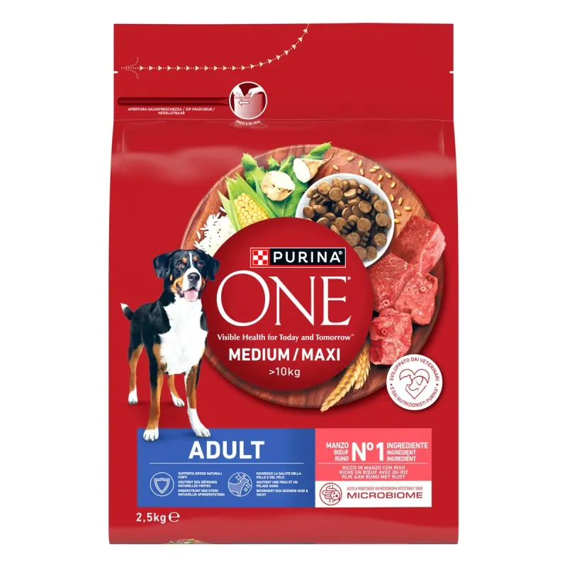 Hrana uscata pentru caini adulti Purina One Medium Maxi Adult, vita si orez, 2.5 kg