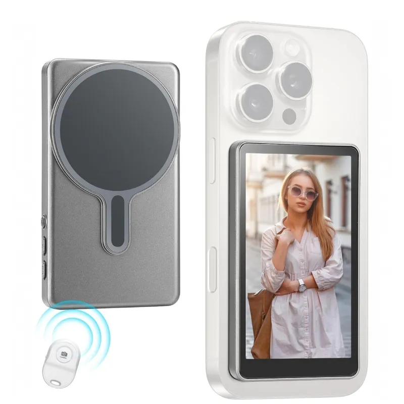 Monitor Selfie Magnetic Pentru Telefon Cu Ecran 4.02″ LONDEMM, 4K Ultra HD, Wireless Dual Band 5G/2.4G Ultra-Low Latency, Baterie 1800mAh, 3 Niveluri De Luminozitate, MagSafe / Ring, Rotire 180°, Telecomanda, iOS & Android, Gri Inchis