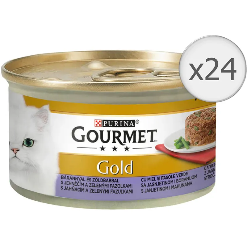 Hrana umeda pentru pisici Gourmet Gold Savoury Cake, Miel si Fasole Verde, 24 x 85 g