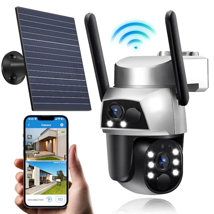 Camera de supraveghere duble Cu panouri Solare, 4MP, Exterior, Acumulator 8000 mAh, Wi-Fi 2.4Ghz, Panou solar 6w, Ultra HD, 4X zoom, Leduri cu Lumina si infrarosu, Comunicare Bidirectionala, Urmarire inteligenta, Alarma, Alb/negru