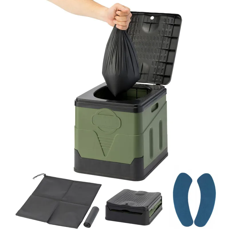 Set Toaleta Portabila Pliabila Camping WC 20L cu 12 saci de gunoi biodegradabili, amortiza si sac de transport, cu capac, multifunctionala, PP, 32x26.5x30cm, Verde - Pentru Masina, Drumetii, Ambuteiaje
