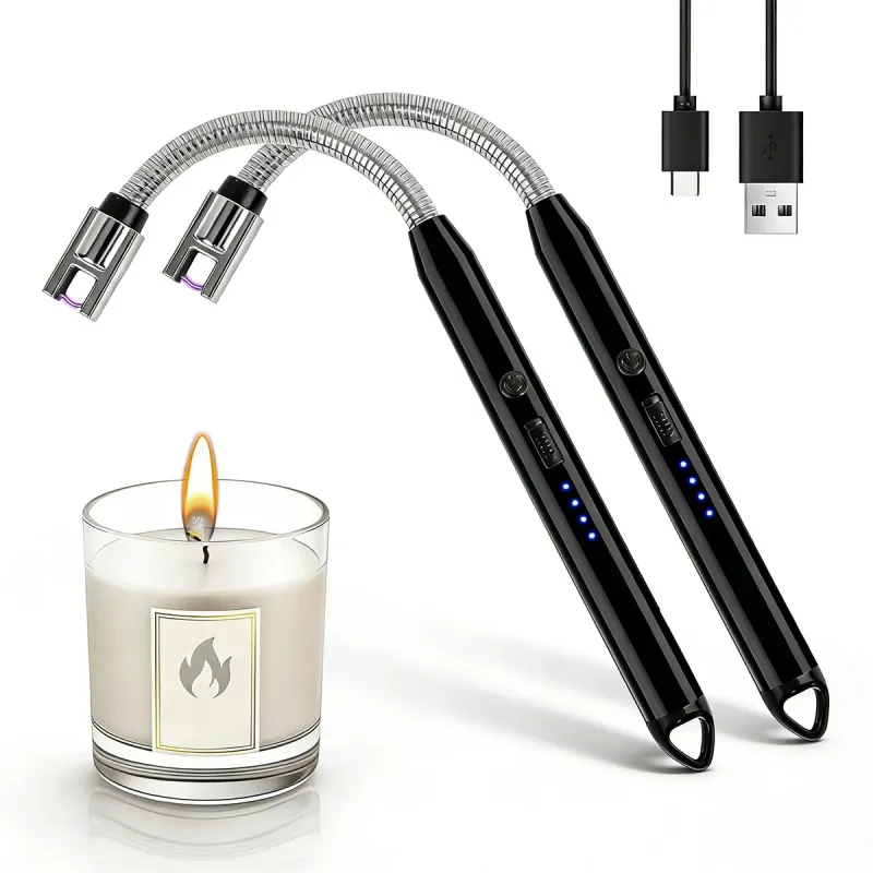Set 2 Brichete electrice reincarcabile, Chucai, USB, rotative 360, gat flexibil, anti-vant, rezistente la vant si fara flacara, 25cm, pentru camping, gratar, lumanari, Negru