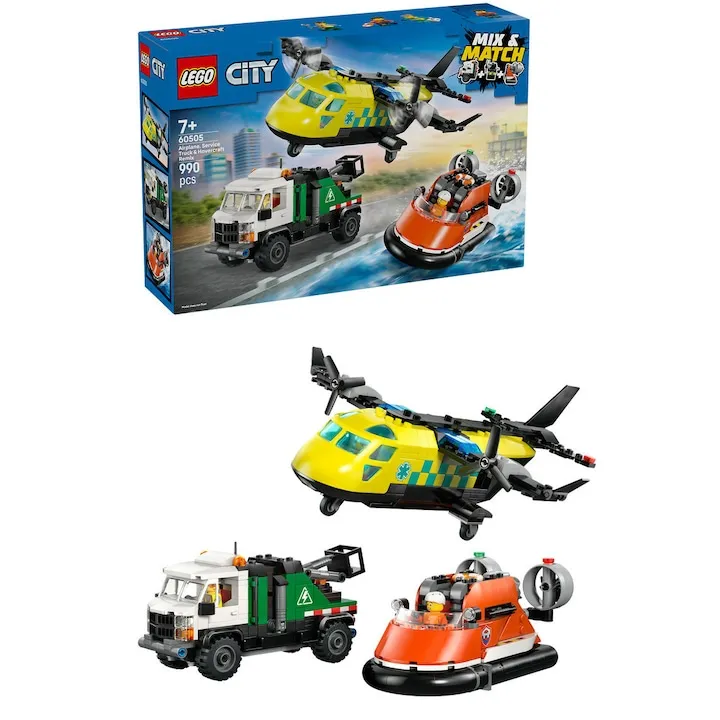 Set de constructie LEGO® City Avion, autospeciala de service si aeroglisor in versiuni adaptate 60505, Jucarii pentru Baieti, Jucarii pentru Copii, Avion de Jucarie