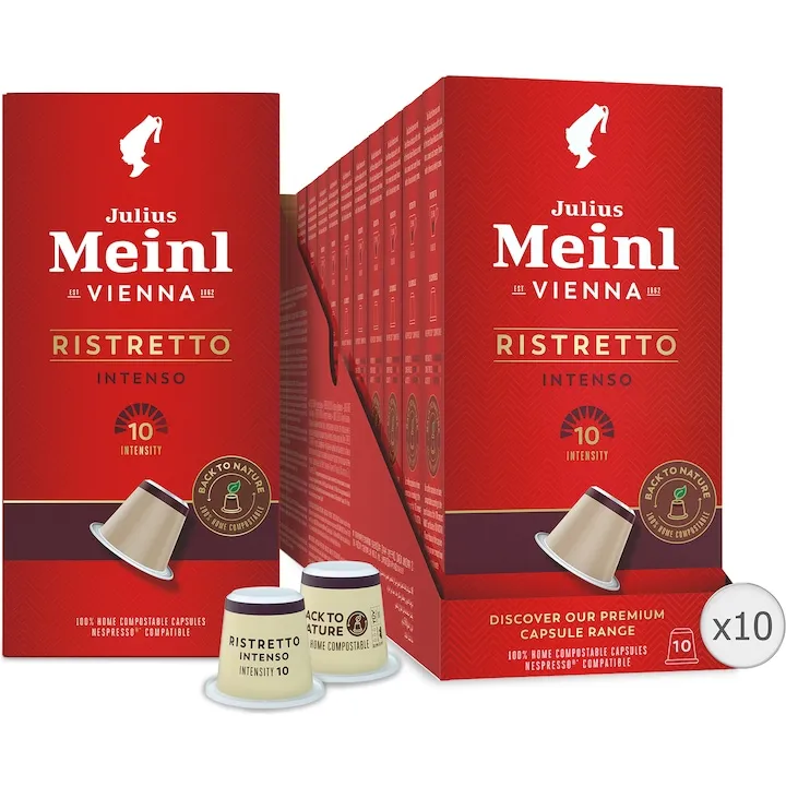 Set 10 x Cafea capsule, Julius Meinl Ristretto Intenso, compatibile Nespresso, 100% biodegradabile, 100 buc, 560 g