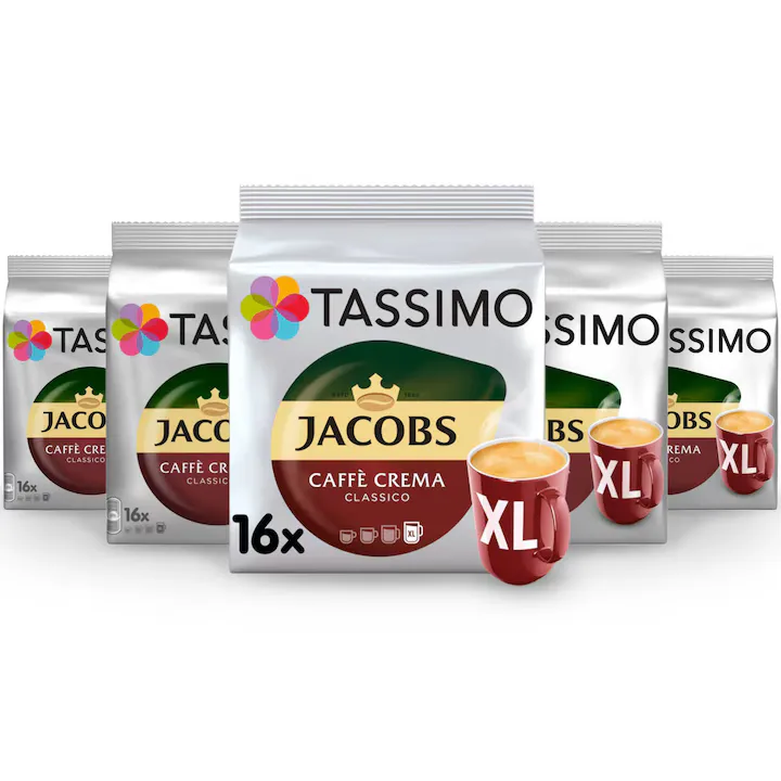 Set 5X Capsule cafea Tassimo Jacobs Café Crema XL, 80 bauturi x 215 ml, 80 capsule