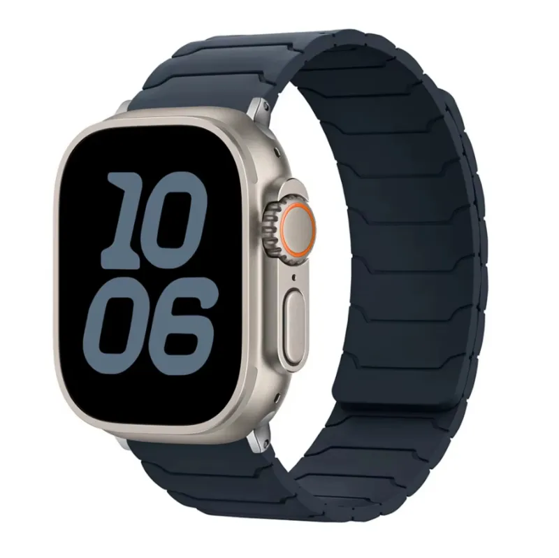 Curea Sport Premium din Silicon cu design tip Otel Inoxidabil. Compatibila cu Apple Watch Ultra/Ultra 2/Ultra 3/11/10/SE/9/8/7/6/5 (44/45/46/49 mm), Inchidere Magnetica, Confortabila si Eleganta, Culoarea Negru-Midnight