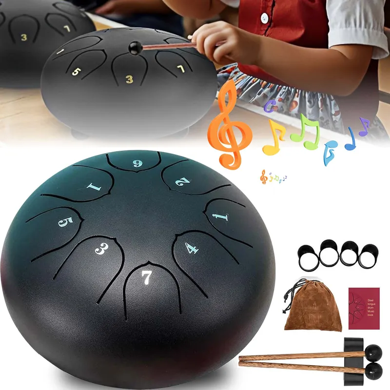 Set 6 Tambur cu limba din ote, set instrument de percutie, toba din otel, 8 tonuri, cu bete si partituri engleze, tonul este stabil, pentru educatie muzicala, yoga, otel, 16x9.5cm, Negru