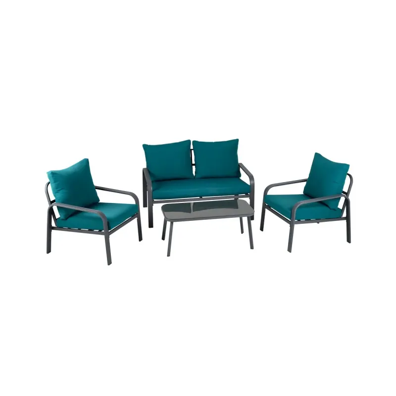 Set mobilier Garden Star, din otel, 2 scaune, 1 canapea dubla si 1 masa cu blat din sticla