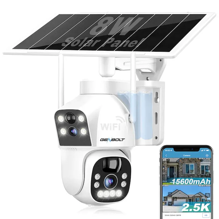 Camera de supraveghere duble Cu panouri Solare GENBOLT®, 2.4/5.8Ghz WIFI, 2.5K, acumulatori 15600 mAh, Panou Solar 8W, 4X zoom, culoarea vederii nocturne, Urmarire automata, IP66, stocare card/cloud, comunicare bidirectionala, Apasare alarma, Alba