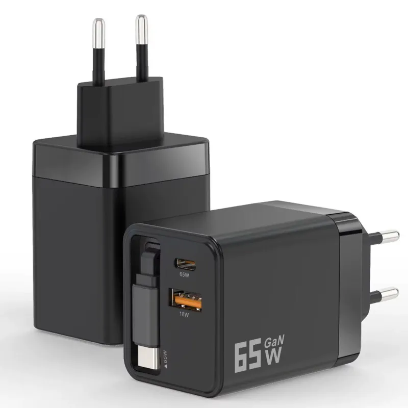 Incarcator Retea, 2 Porturi, 65W Fast Charge, 1 x USB, 1 x Type-C, Cablu de date inclus USB-C, Universal, Compatibil telefon, Smartwatch, iPhone, Huawei, Samsung, Xiaomi, Culoare Negru