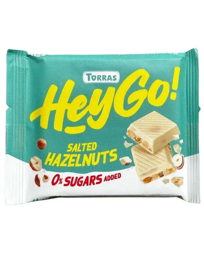 Ciocolata alba cu alune de padure si sare Torras Hey Go, fara zahar si fara gluten, 60 g