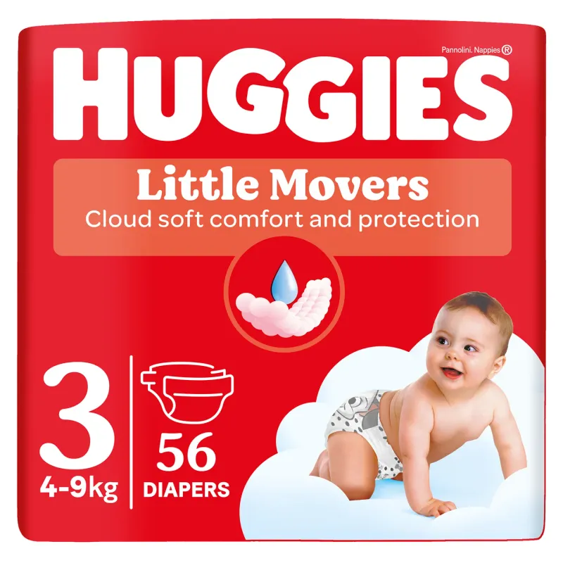 Scutece Huggies Little Movers Jumbo, marimea 3, 4 - 9 kg, 56 bucati