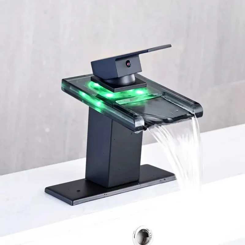 Baterie Chiuveta Baie cu LED si Efect de Cascada – Gura din Sticla, Schimbare Culoare in Functie de Temperatura Apei, Monocomanda, Montaj 1-3 Orificii, Pop-Up Metalic Inclus, Economie de Apa si Design Elegant, Negru Mat