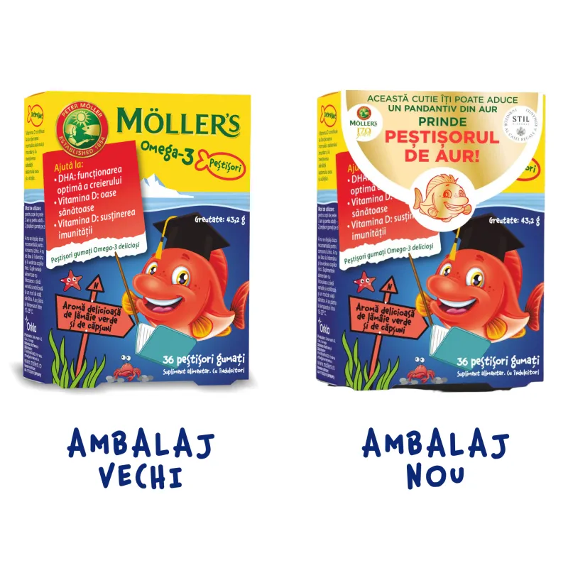 Pestisori gumati Omega 3 Moller's, cu aroma de lamaie verde si capsune, 36 jeleuri