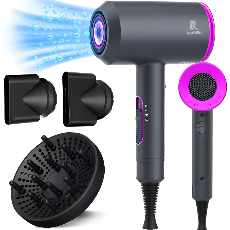 Uscator de par profesional ionic Regal Bliss ®, uscarea rapida ca la salon, nucleu ceramic, ioni negativi, cu 2 viteze si 3 trepte de temperatura, Putere 2000W, Set 3 Accesorii, Roz si Negru