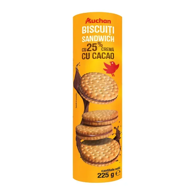 Biscuiti sandwich cu crema de cacao Auchan, 225 g Biscuiti sandwich cu crema de cacao Auchan, 225 g