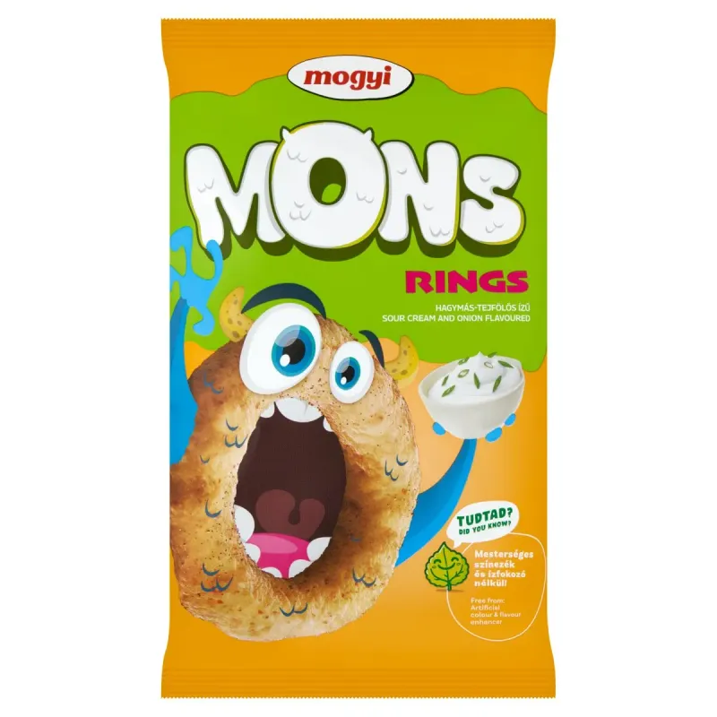 Pufuleti din porumb inele cu aroma de ceapa si smantana Mogyi MONS Rings, 70 g