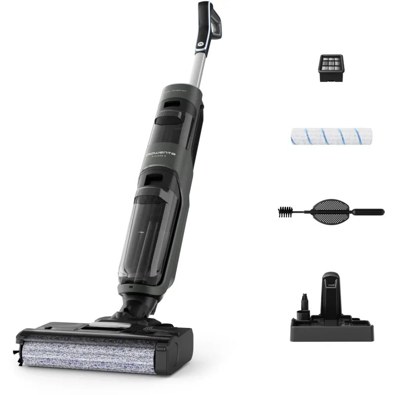 Aspirator vertical fara fir cu spalare Rowenta X-Clean 4 GZ5037WO, 200W, 425 RPM, pana la 50 min autonomie, ecran LED, functie autocuratare, baza de incarcare cu suport accesorii, compatibil cu detergent, gri & negru