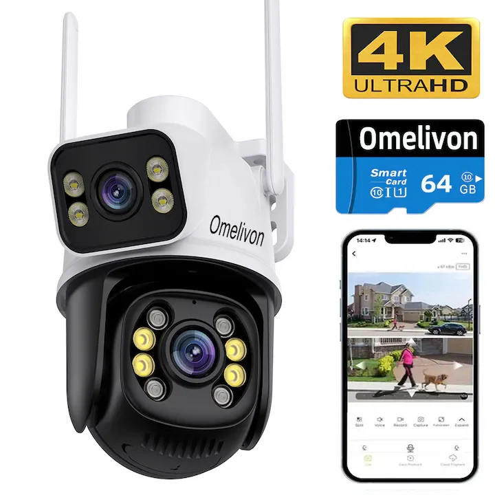 Camera De Supraveghere Video CCTV Dubla Omelivon® A28B, 8MP, Exterior/Interior, Ultra HD 4K, 4X Zoom, Rotire, Leduri Lumina, Comunicare Bidirectionala, Stocare Card/Cloud, Senzor Miscare, negru/alb