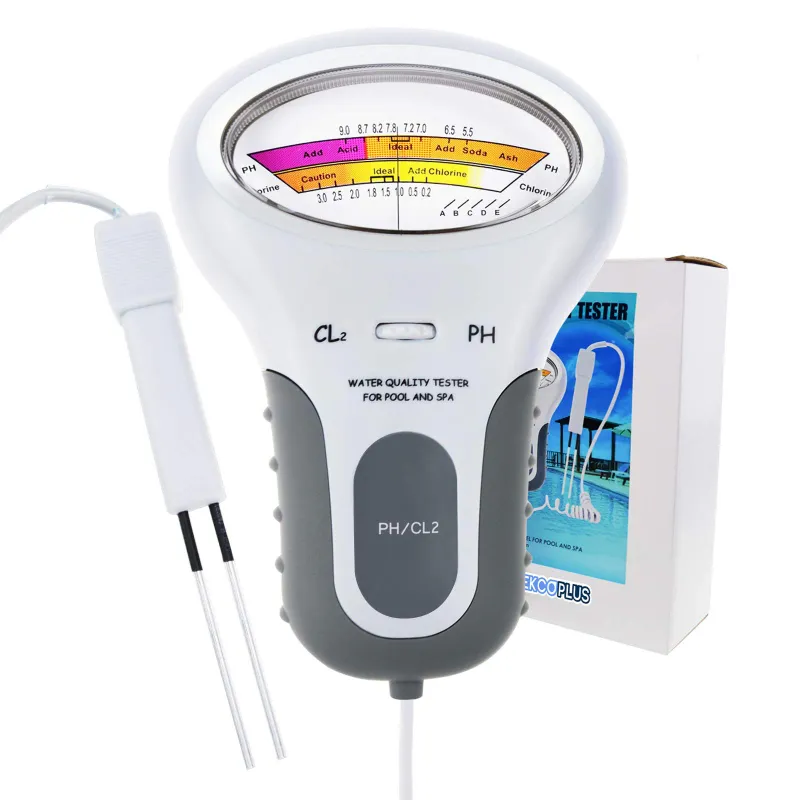 Tester de Calitate a Apei 2 in 1 pentru Piscine, Masurare pH si Clor, Design Portabil, Ecran cu Scala Clara, Fara Reactivi Chimici, Ideal pentru Piscine si Bazine, Alb