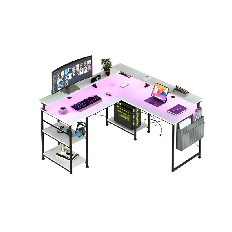 Birou pentru calculator, 140x140x85CM, in forma de L, design cu lumina LED, cu prize, raft de depozitare, lemn aglomerat, cadru metalic din otel, alb
