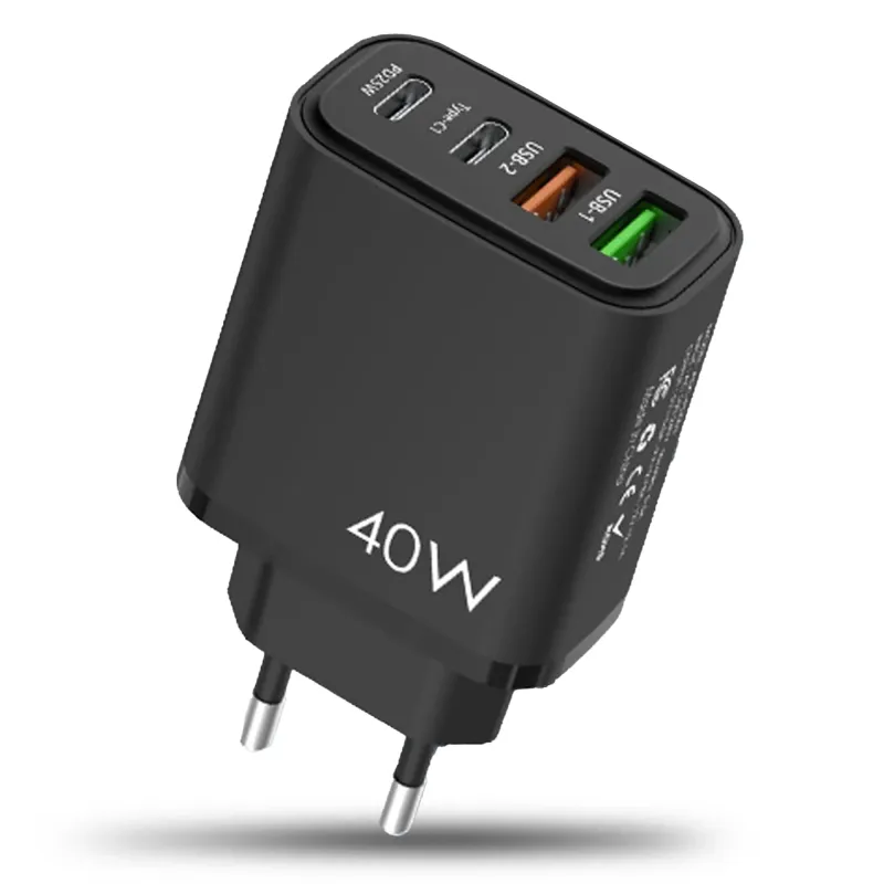 Incarcator Retea Timebox, 40W Fast Charge, cu 4 Porturi – 2 x Type-C si 2 x USB-A, Incarcare Rapida pentru iPhone, Samsung, Huawei, Xiaomi, Compatibilitate Universala si Design Compact, Negru