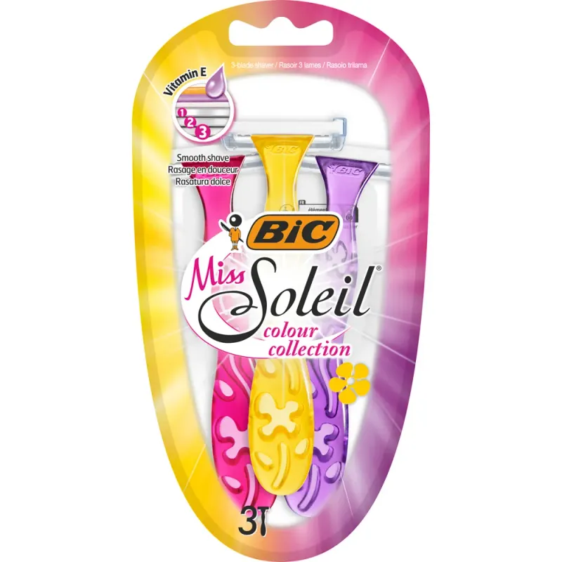 Aparat de ras dispozabil pentru femei BIC Miss Soleil Colour Collection, 3 lame, 3 bucati