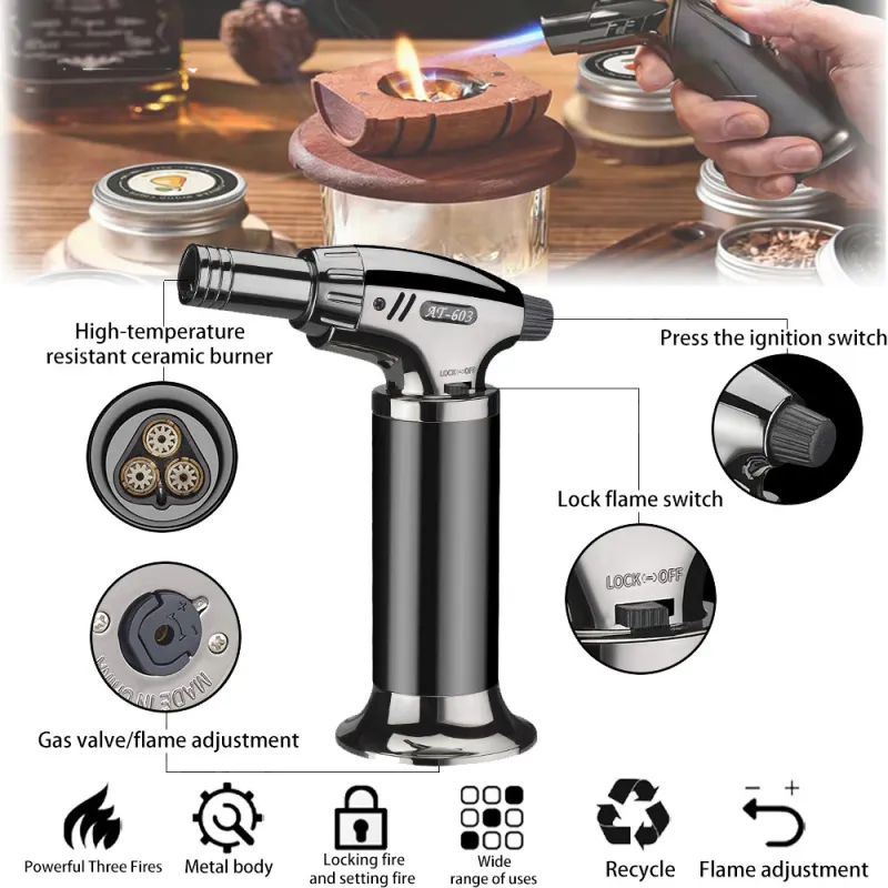 Torta cu flacara de fum pentru whisky, Fain Mioritic®, flacara puternica cu trei butoaie, flacara reglabila si blocabila, corp metalic, reincarcabila si reutilizabila, versatila.Produsul nu contine gaz, trebuie sa il adaugati singur