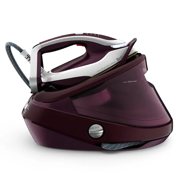 Statie de calcat cu abur de inalta presiune Tefal Pro Express Vision GV9810E0, 3000 W, 8.3 bari, jet de abur 680 g/min, abur variabil 0 - 180 g/min, varf iluminat LED, sistem antipicurare, tehnologie Smart Steam, colector anticalcar, visiniu & alb