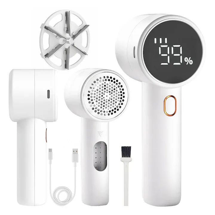 Aparat de curatat scame GALAXIA®, Reincarcabil, 6 Lame Inox, Afisaj LED, 3 Trepte de Viteza, Usor de Folosit, Design Compact, Alb