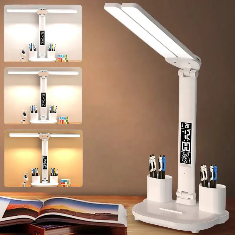 Lampa de birou LED multifunctionala, Yingyun®, control tactil, protectie ochi, 3 Moduri de Iluminare, Ceas, Termometru, USB, Alb