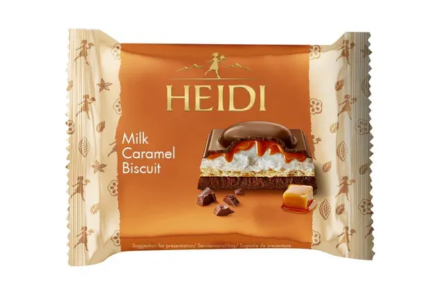 Ciocolata cu lapte si umplutura de alune de padure, caramel si biscuiti Heidi, 55 g