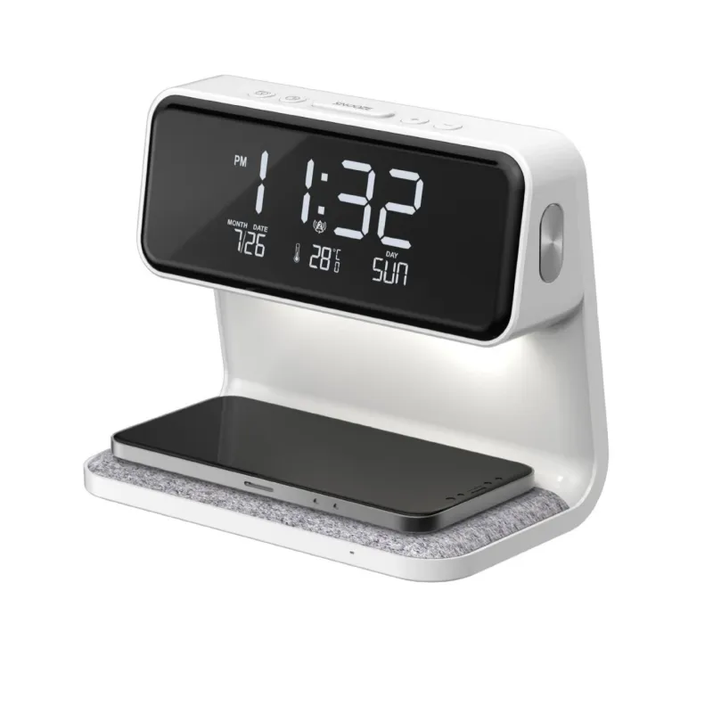 Ceas desteptator digital LED cu incarcare wireless, afisaj temperatura, iluminare ambientala si functie snooze Design modern pentru birou sau dormitor, Simplu si elegant, usor de utilizat si portabil