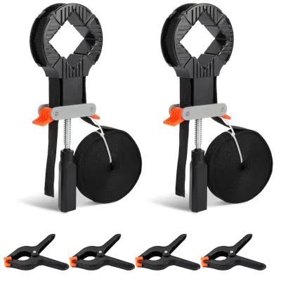 Set 2 clema de fixare, SINBINTA, Clema de colt ajustabila, Dispozitiv presa banda cu cleme pentru fixare, 4 falci, Banda 4m, Usor de folosit, Durabil, Pentru fixare, lipire rame tablouri, Nylon/Plastic, 280*85mm, Negru