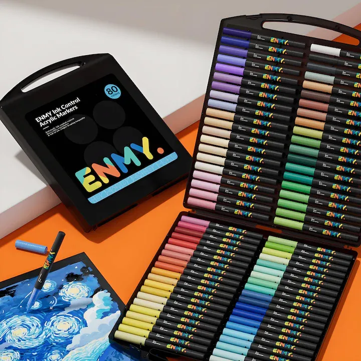 ENMY Set 80 Markere Acrilice cu Flux Direct de Cerneala, Varf Perie, Pentru Textile, Lemn, Piatra, Sticla, Ceramica, Hartie, Suprafete Multiple, Ideal pentru Desen Anime, Comic si Arta DIY, Marker, Carioci