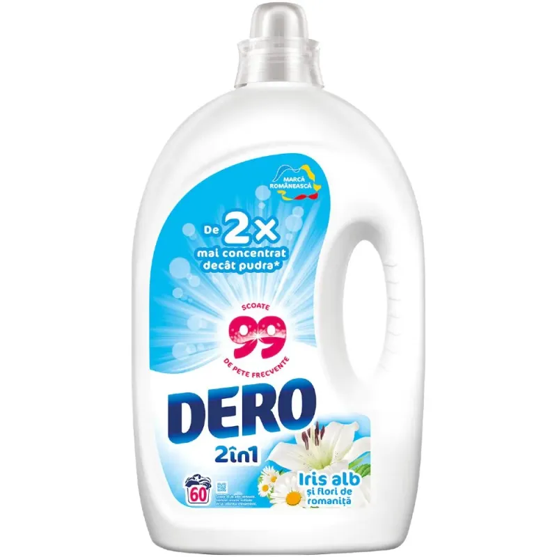 Detergent lichid de rufe automat cu iris alb si flori de romanita Dero 2in1, 60 spalari, 3 l