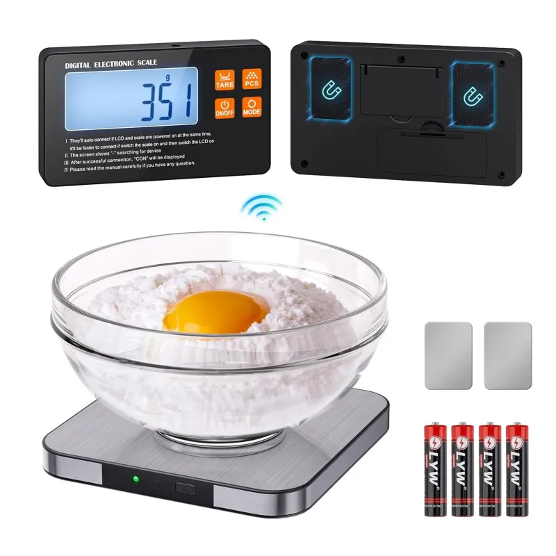 Cantar electronic de bucatarie Split fara fir, MOSMAOO®, Cu afisaj mare LCD, Portabil, 1 g Inalta Precizie, 33lb/15kg Cantar electronic de bucatarie, Functie TARA, De Precizie, Argintiu/Negru