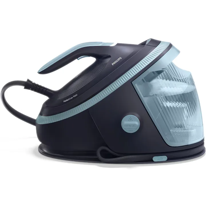 Statie de calcat cu abur Philips seria7000 PSG7200/20, tehnologie OptimalTEMP, garantat fara arsuri, Abur max 160 g/min, jet de abur 600g, rezervor detasabil de 1.5 l, Talpa SteamGlide Elite, Mod ECO, Oprire automata de siguranta, albastru
