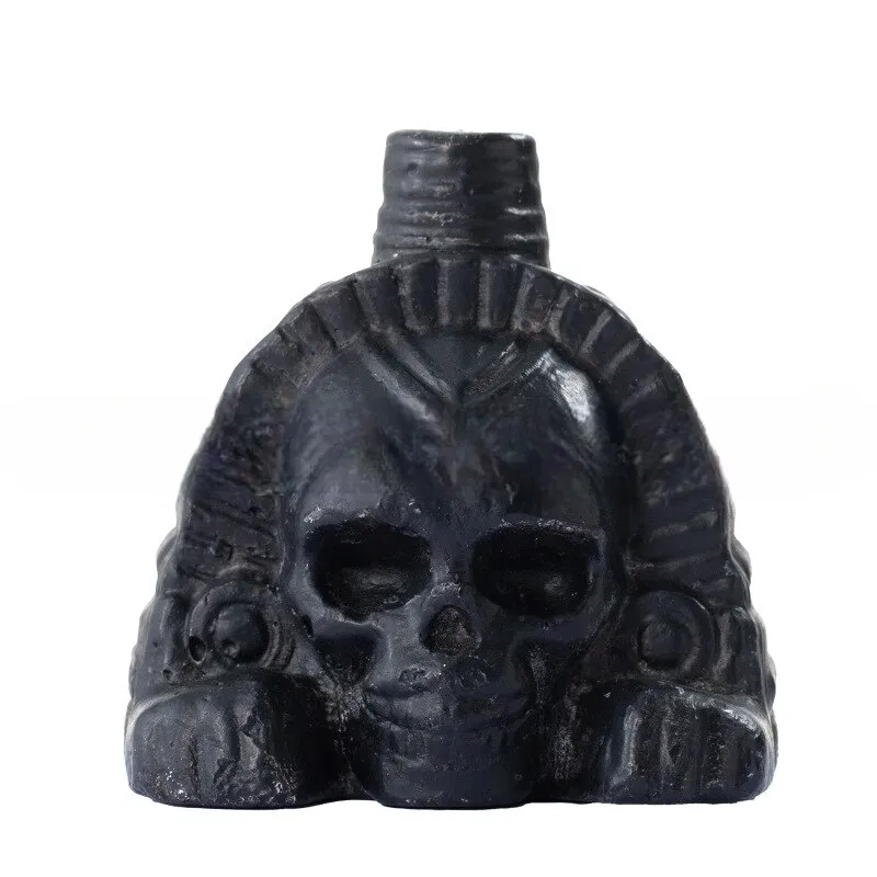Fluier Aztec din piatra, sunet infricosator si puternic, aztec death whistle, model in forma de cap de mort, negru
