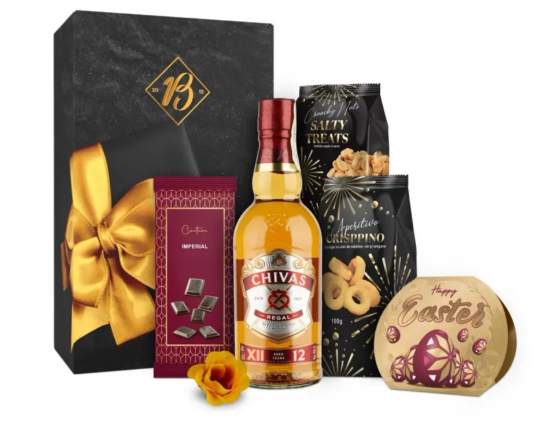 Cos pentru cadou Chivas Gift, whisky Chivas Regal 12 ani si dulciuri