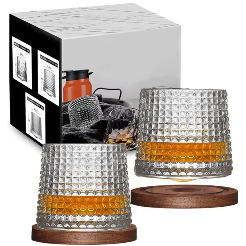 Set 2 pahare, FreeBiz, Sticla/Lemn, Cu suporturi, 160ml, Transparent/Squares