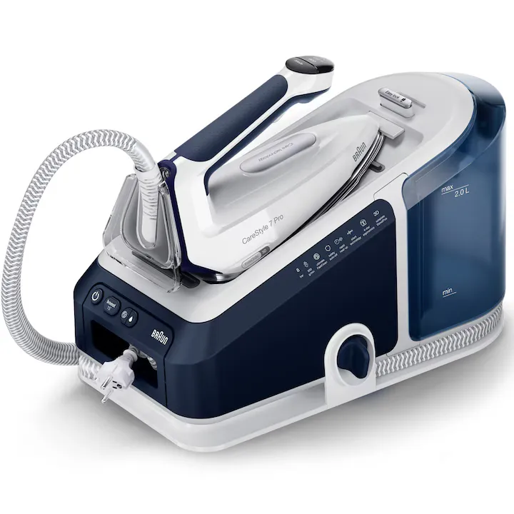 Statie de calcat Braun CareStyle 7 PRO IS7282BL, 2700W, 8 bari, abur variabil 180g/min, jet de abur 600g/min, rezervor detasabil 2L, tehnologie iMode, tehnologie iCare, tehnologie FreeGlide, talpa EloxalPlus, sistem Ultimate FastClean, albastru